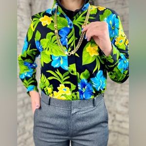 Vintage Tropical Print Button Up Shirt